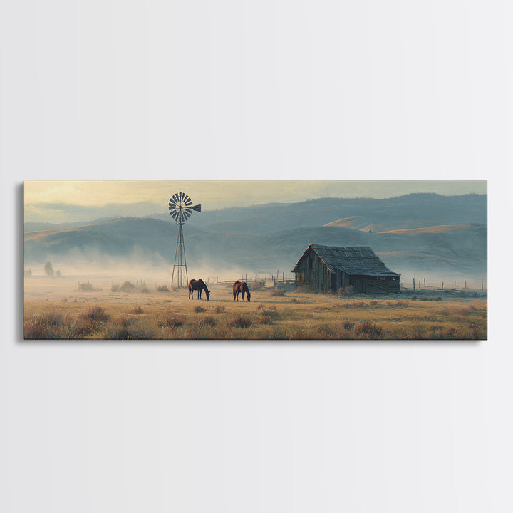 Misty Western Ranch Windmill Framed Canvas Print, Rustic Farmhouse Wall Art With Horses For Country Home Decor Gift Idea