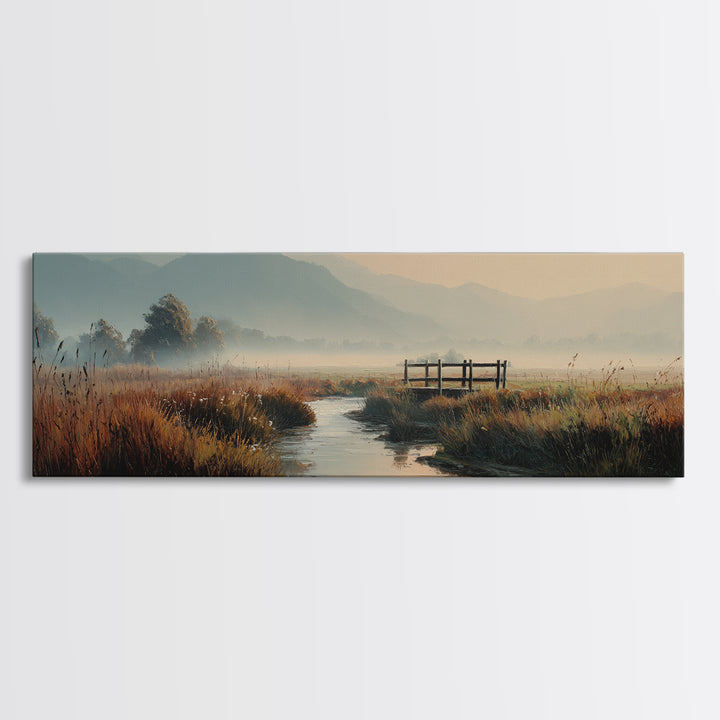 Misty Marsh Creek Canvas Print, Serene Mountain Landscape Wall Art, Neutral Nature Painting, Rustic Living Room Decor Print