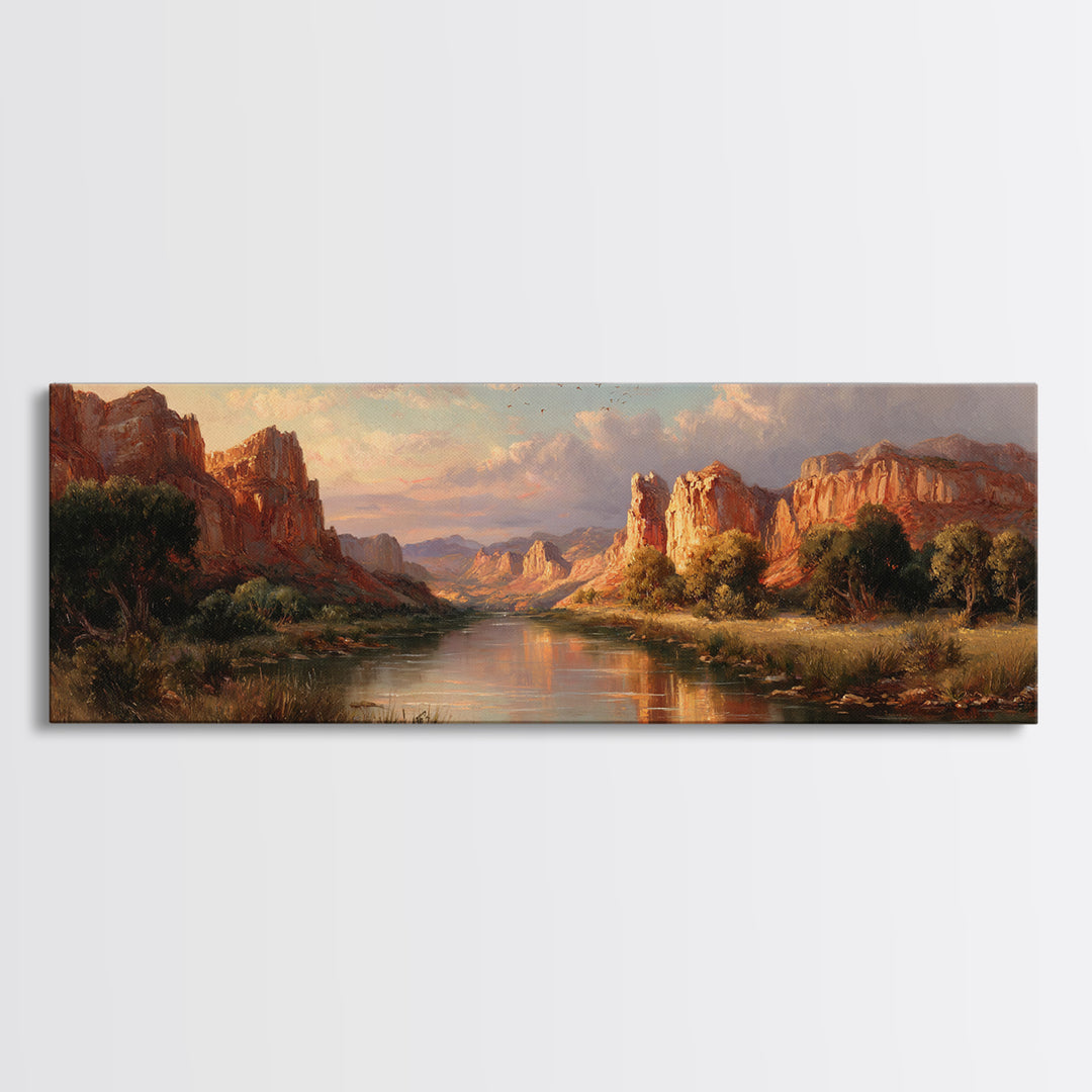 Red Rock Canyon River Wall Art, Southwestern Landscape Painting, Large Horizontal Art, Desert Decor, Living Room Wall Decor