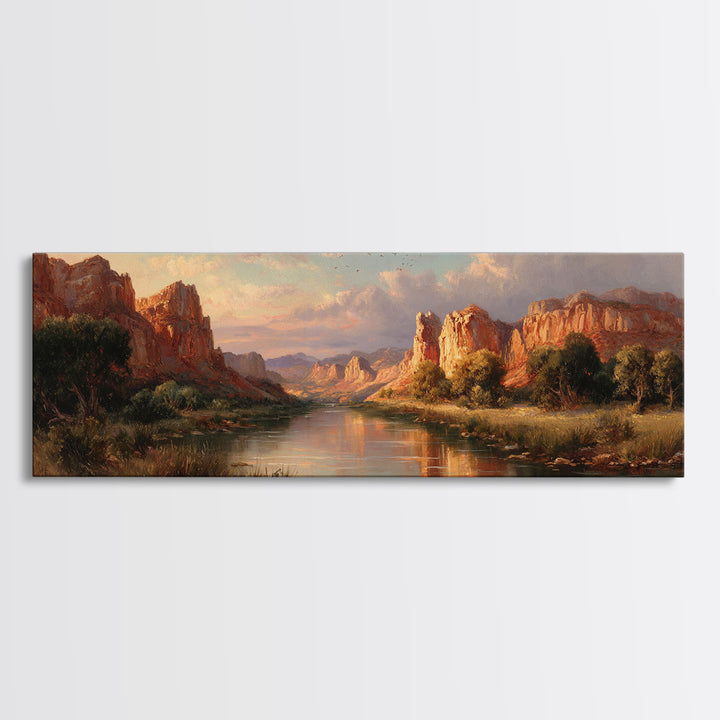 Red Rock Canyon River Wall Art, Southwestern Landscape Painting, Large Horizontal Art, Desert Decor, Living Room Wall Decor