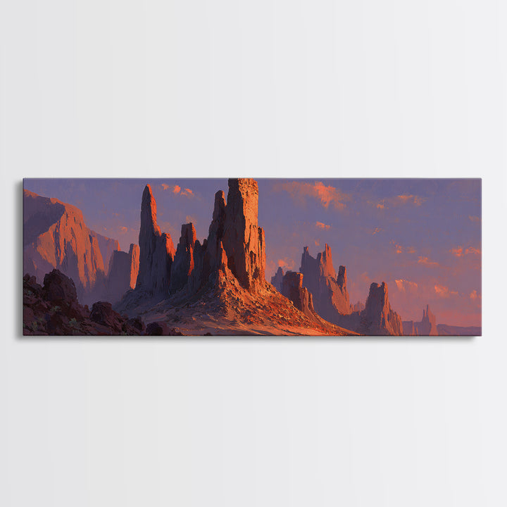 Sunset Desert Monoliths Wall Art, Panoramic Southwestern Landscape Print, Western Home Decor, Large Horizontal Canvas Print