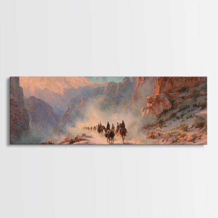 Western Riders In Sunlit Canyon Wall Art, Cowboy Landscape Painting, Southwestern Decor, Rustic Canvas Print For Living Room