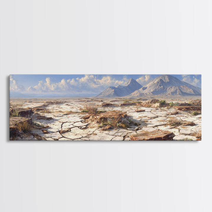 Cracked Desert Plain With Distant Mountains Wall Art, Southwestern Landscape Print, Earth Tone Home Decor, Large Canvas Print
