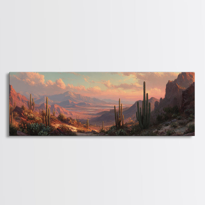 Desert Canyon Sunset With Saguaro Cactus Wall Art, Southwestern Landscape Framed Canvas Print, Rustic Home Decor For Living Room