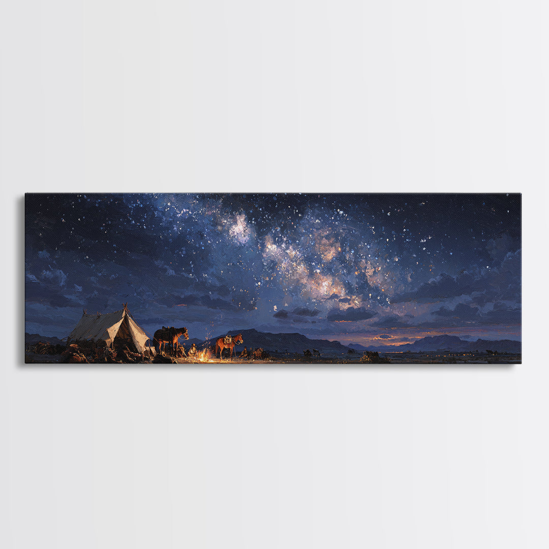 Starry Night Desert Camp With Horses Wall Art, Milky Way Western Landscape Canvas Print, Rustic Cowboy Decor For Living Room
