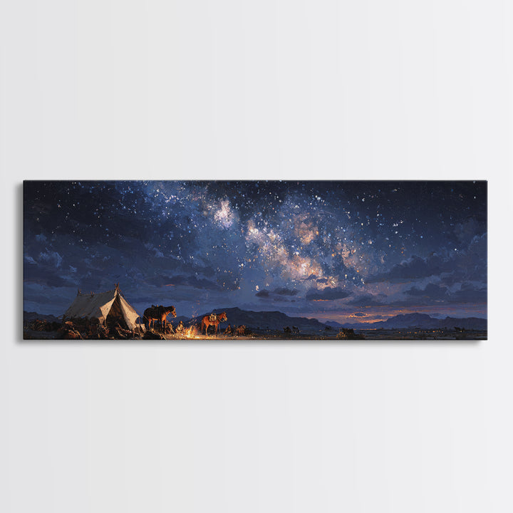 Starry Night Desert Camp With Horses Wall Art, Milky Way Western Landscape Canvas Print, Rustic Cowboy Decor For Living Room