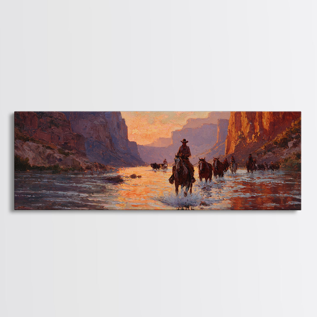 Cowboys Crossing River Canyon Framed Canvas Print, Large Western Wall Art, Sunset Landscape, Rustic Ranch Decor, Gift For Him