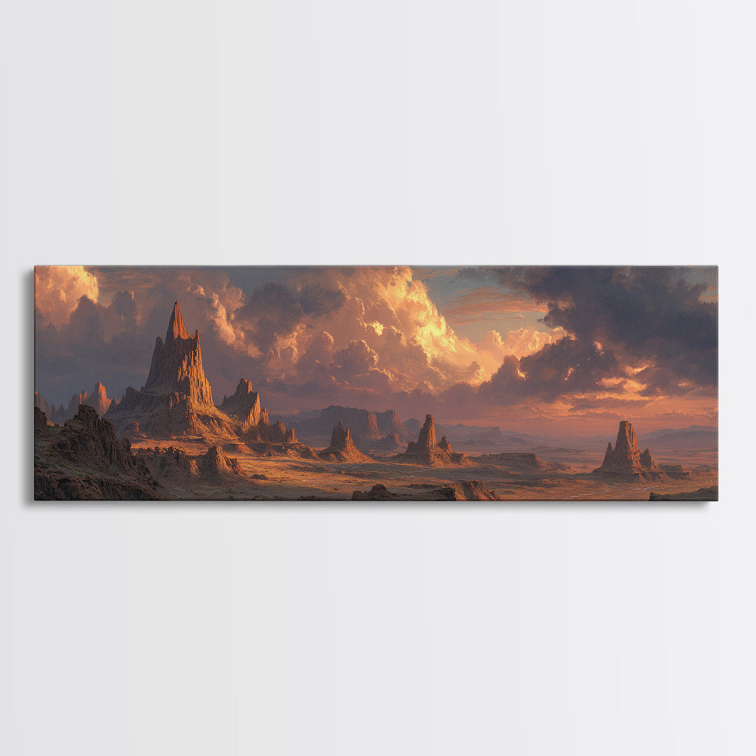 Epic Desert Spires At Sunset Canvas Print, Fantasy Landscape Wall Art For Game Room Decor, Southwestern Sci Fi Home Decor