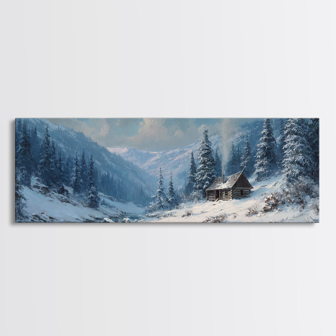 Snowy Mountain Cabin In Pine Forest, Winter Wall Art, Landscape Canvas Print, Rustic Lodge Decor, Cozy Cabin Decor, Nature Wall Art
