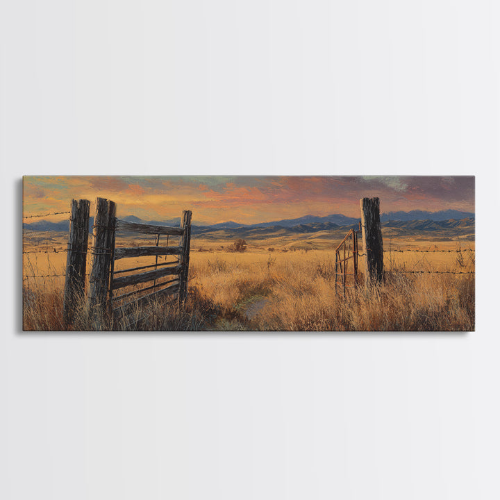 Weathered Fence And Golden Prairie Framed Canvas Print, Rustic Country Wall Art, Farmhouse Landscape, Warm Neutral Decor