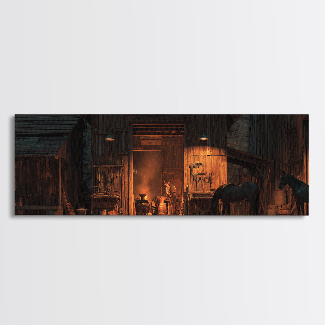 Rustic Horse Barn Wall Art, Warm Western Stable At Night, Farmhouse Ranch Decor, Cowboy Living Room Large Framed Canvas Print