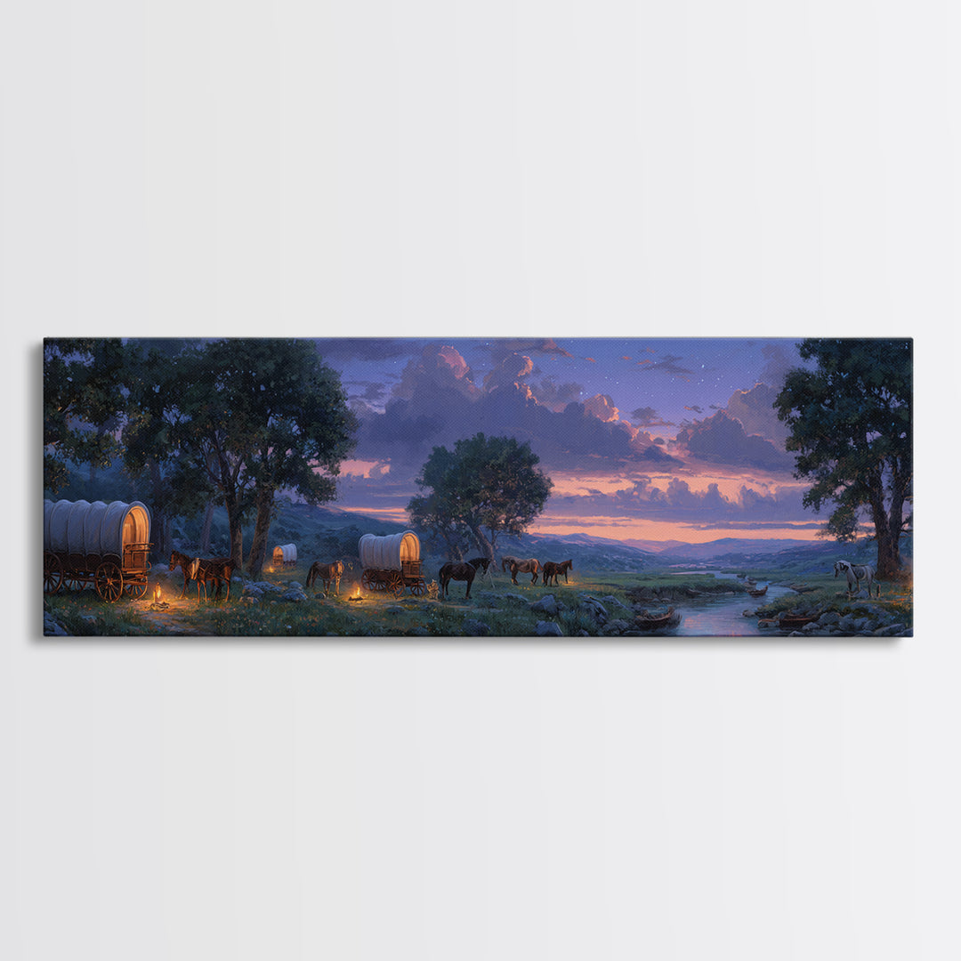 Covered Wagons At Twilight River Wall Art, Western Landscape Canvas Print, Rustic Farmhouse Decor, Cowboy Home Decor Gift