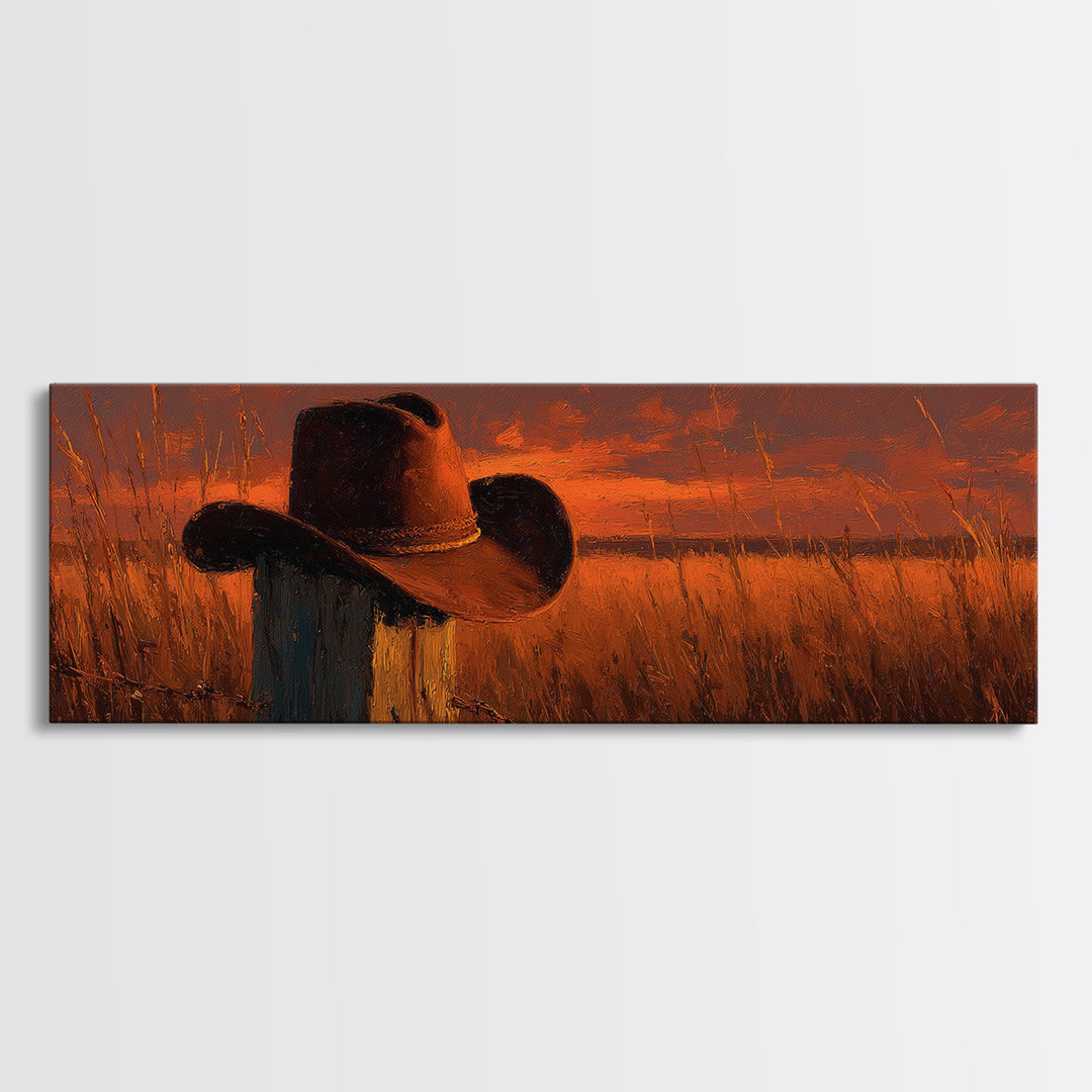Weathered Cowboy Hat At Golden Sunset Wall Art, Western Ranch Decor, Rustic Country Landscape Print, Farmhouse Canvas Print