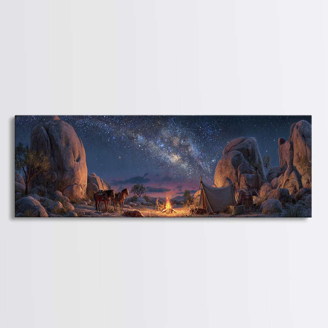 Milky Way Desert Camp With Wagon Framed Canvas Print, Western Night Sky Wall Art, Rustic Cabin Decor And Housewarming Gift For Him