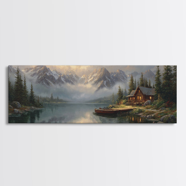 Mountain Lake Cabin Wall Art, Misty Alpine Landscape Canvas, Rustic Nature Decor, Large Horizontal Living Room Print, Housewarming Gift