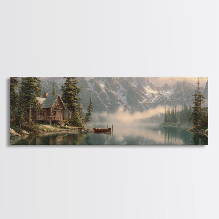 Misty Alpine Cabin Lake Wall Art, Mountain Landscape Canvas, Rustic Nature Decor, Large Horizontal Living Room Print, Housewarming Gift