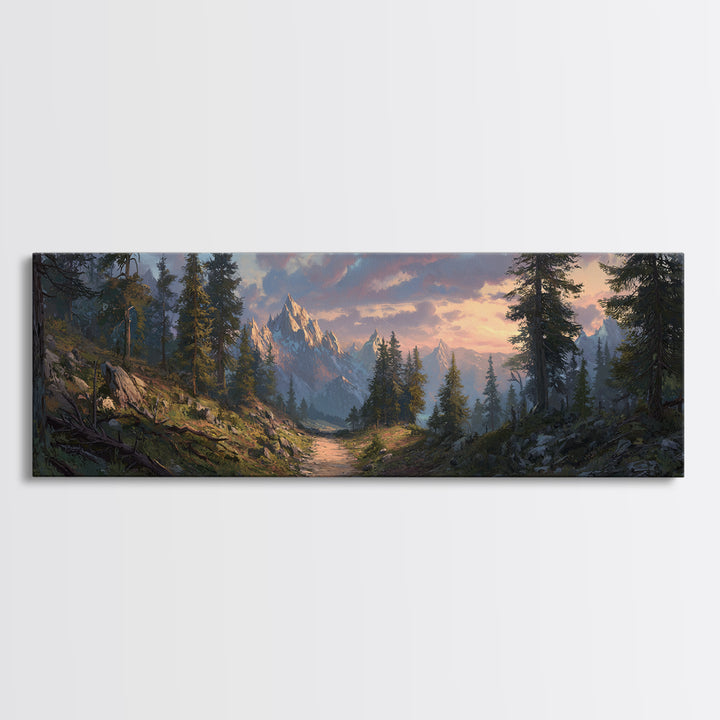 Misty Mountain Forest Trail Canvas Print, Panoramic Landscape Wall Art, Rustic Cabin Decor, Nature Print, Living Room Art