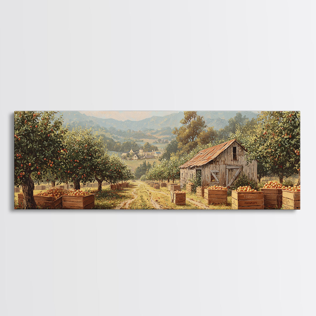 Apple Orchard Harvest Wall Art, Rustic Farmhouse Canvas Print, Country Landscape Decor, Kitchen Dining Room Housewarming Gift