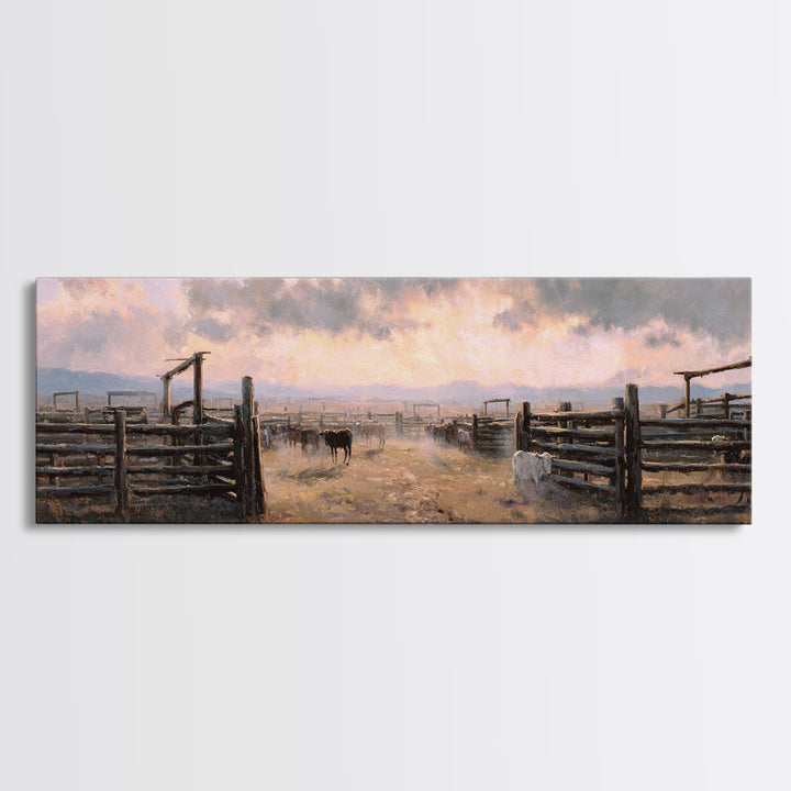 Rustic Cattle Corral At Sunset Wall Art, Western Ranch Canvas Print, Farmhouse Country Decor, Moody Landscape Gift For Him