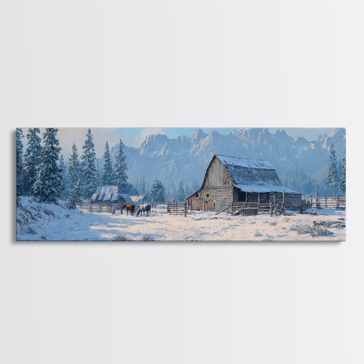 Snowy Mountain Barn Framed Canvas Print, Rustic Farmhouse Wall Art, Winter Landscape Decor, Cabin Living Room Wall Art Print