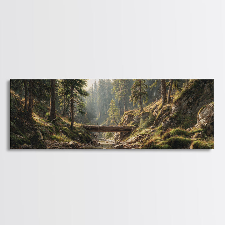 Sunlit Forest Creek Framed Canvas Print, Rustic Landscape Wall Art, Nature Cabin Decor, Large Horizontal Living Room Art