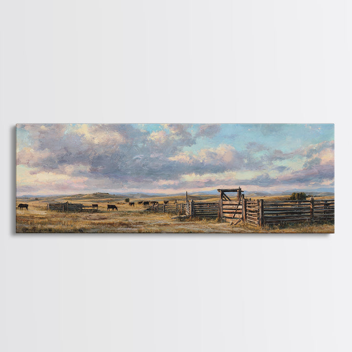 Wide Western Prairie Corral Canvas Print, Rustic Ranch Landscape Wall Art, Farmhouse Decor, Cowboy Housewarming Gift For Him
