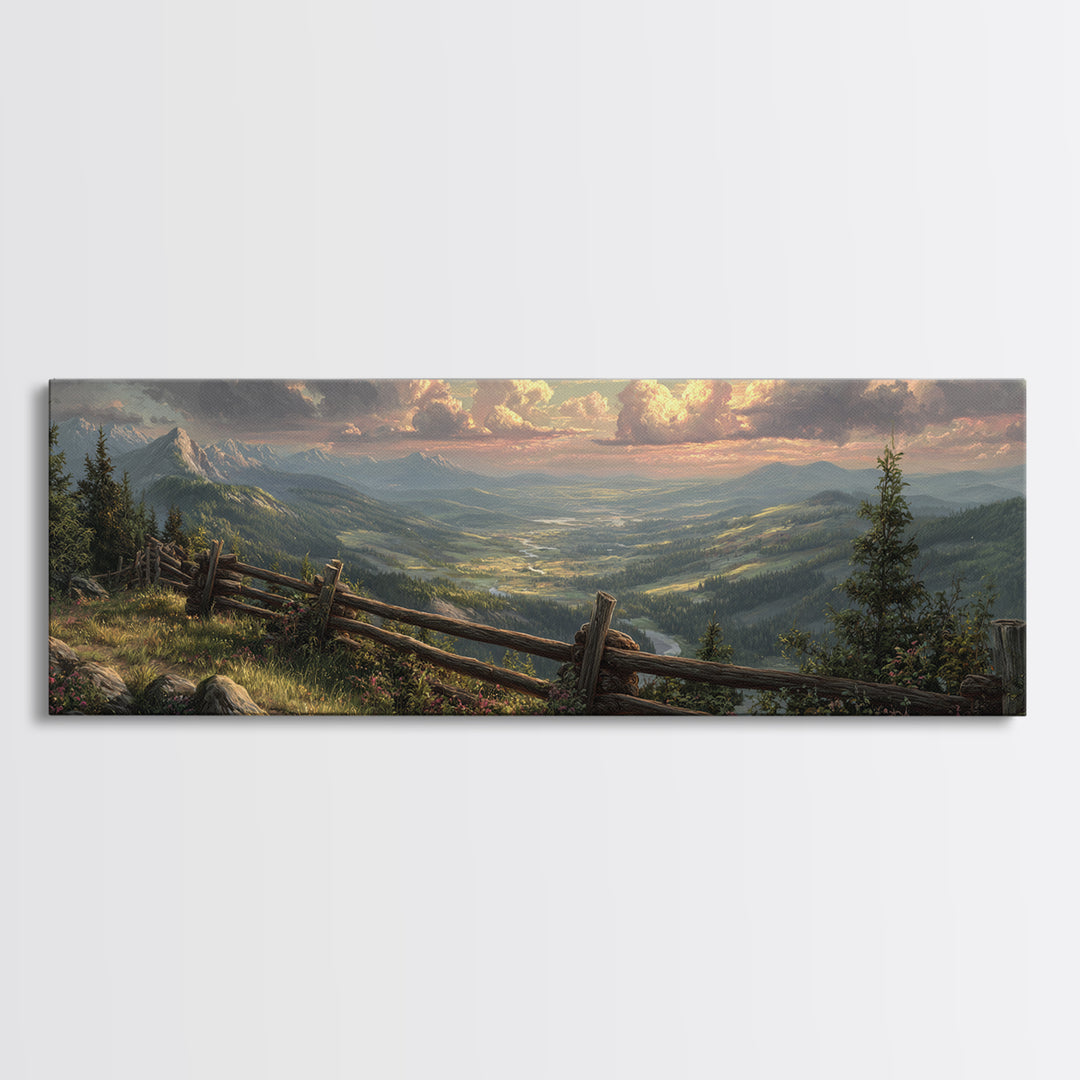 Misty Mountain Valley Landscape Wall Art, Rustic Cabin Nature Painting, Large Panoramic Decor For Living Room And Office