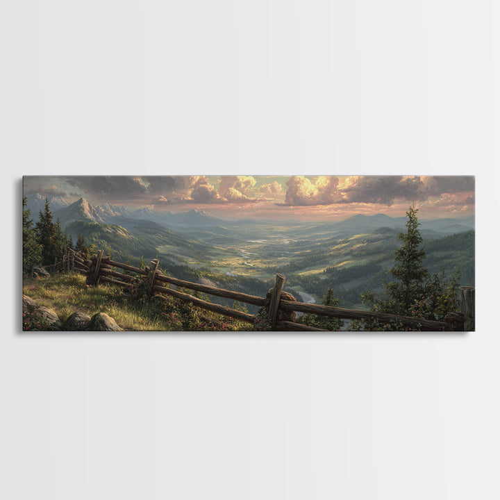 Misty Mountain Valley Landscape Wall Art, Rustic Cabin Nature Painting, Large Panoramic Decor For Living Room And Office