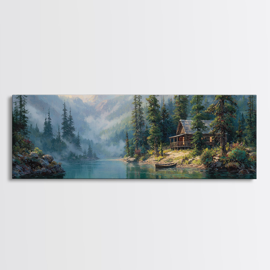Misty Mountain Lake Cabin Wall Art, Rustic Landscape Painting, Nature Wall Decor, Lake House Canvas, Cozy Home Decor Gift