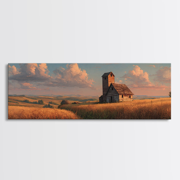 Rustic Prairie Church Framed Canvas Print, Country Landscape Wall Art, Farmhouse Home Decor, Golden Field, Housewarming Gift