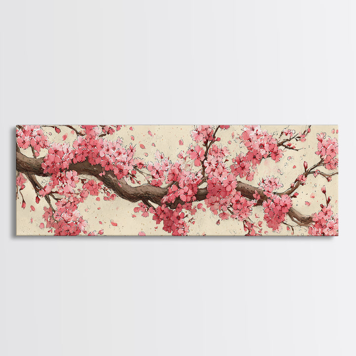 Pink Cherry Blossom Branch Wall Art, Japanese Floral Canvas Print, Botanical Wall Decor, Japandi Bedroom Art Print, Above Bed Decor