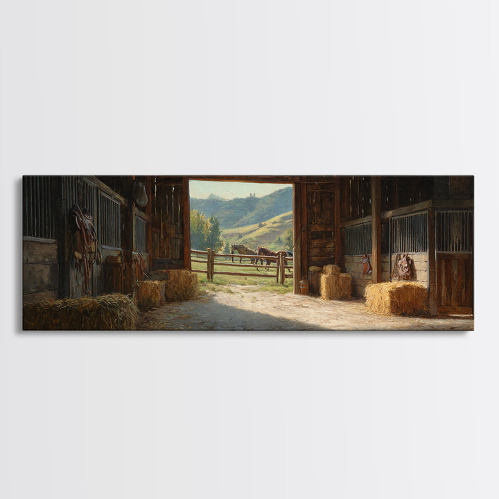 Rustic Horse Barn Interior Wall Art, Sunlit Stable Landscape Canvas Print, Equestrian Farmhouse Decor, Country Gift For Horse Lover