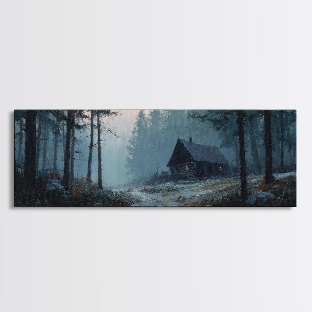 Snowy Cabin In Misty Pine Forest Wall Art, Winter Landscape Canvas Print, Rustic Cabin Decor, Cozy Nature Wall Decor, Above Bed Art