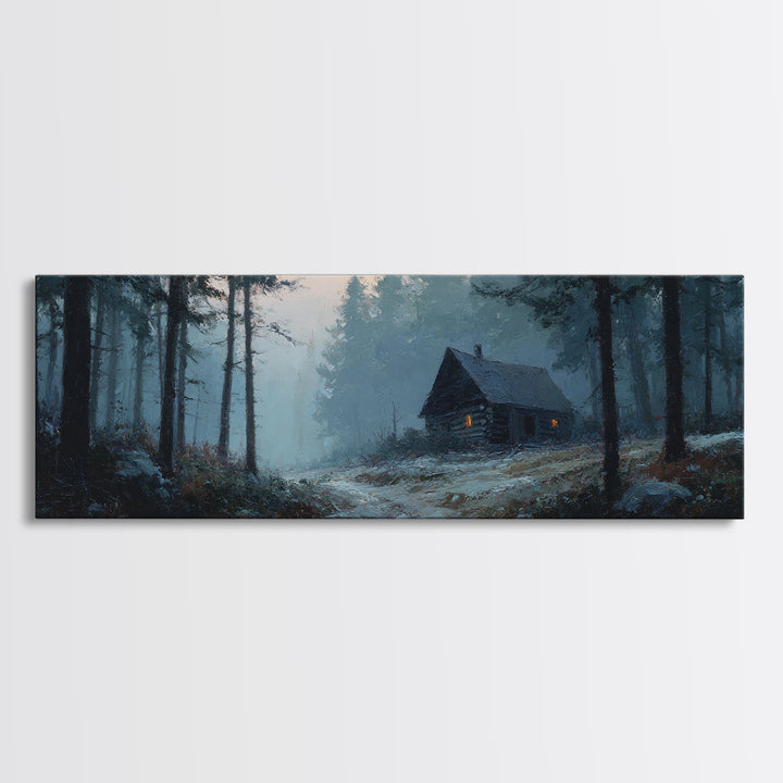 Snowy Cabin In Misty Pine Forest Wall Art, Winter Landscape Canvas Print, Rustic Cabin Decor, Cozy Nature Wall Decor, Above Bed Art