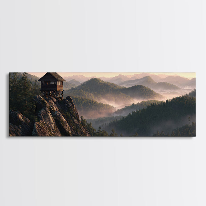 Misty Mountain Lookout Cabin Framed Canvas Print, Rustic Wall Art, Forest Landscape Decor, Cabin Housewarming Nature Gift
