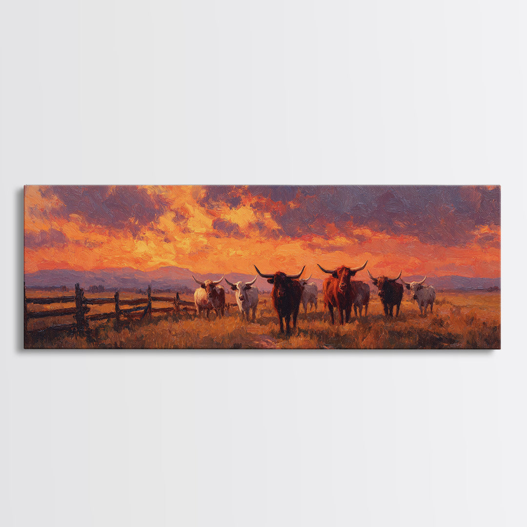 Longhorn Cattle At Fiery Sunset Wall Art, Western Ranch Landscape Canvas Print, Rustic Farmhouse Decor, Cowboy Gift For Him