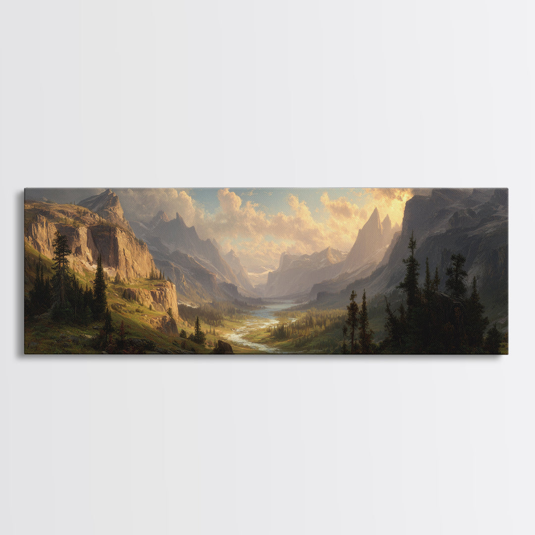 Epic Mountain Valley Sunset Framed Canvas Print, Landscape Wall Art, Rustic Home Decor, Large Nature Print, Cabin Gift Idea
