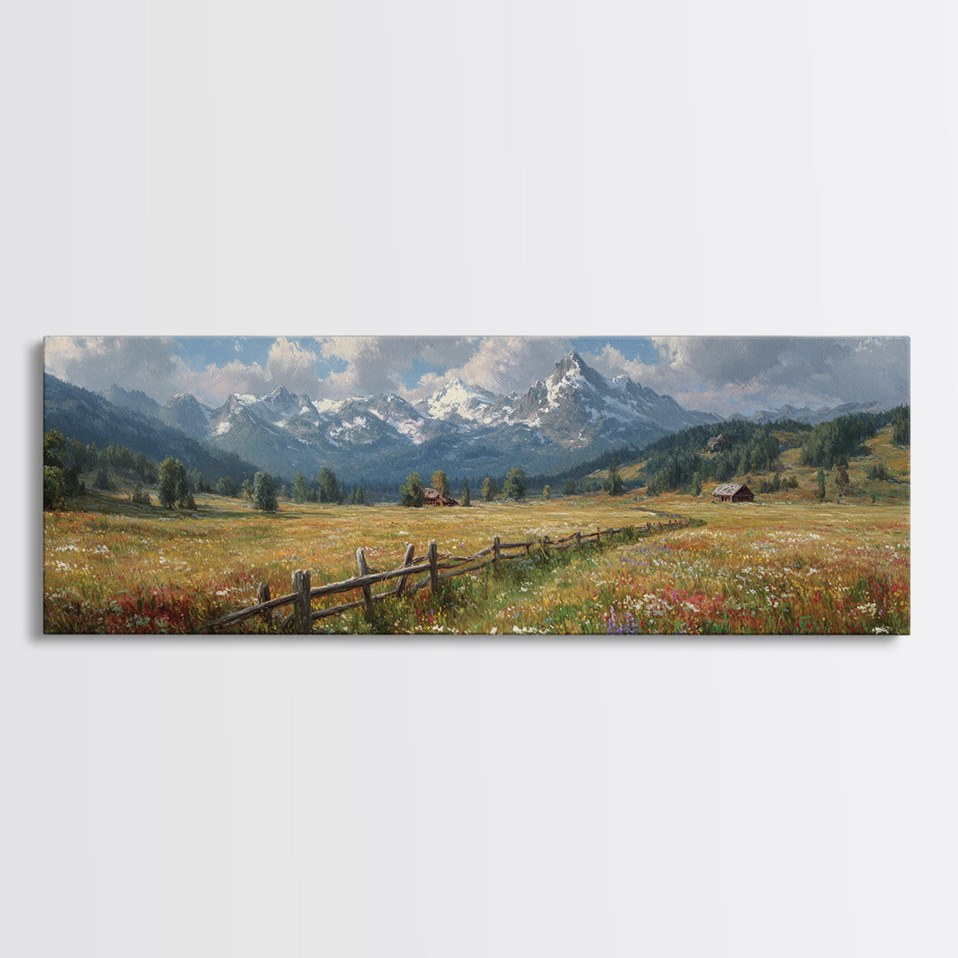 Wildflower Meadow Mountain Wall Art, Alpine Landscape Canvas Print, Rustic Farmhouse Decor, Large Living Room Art Housewarming Gift