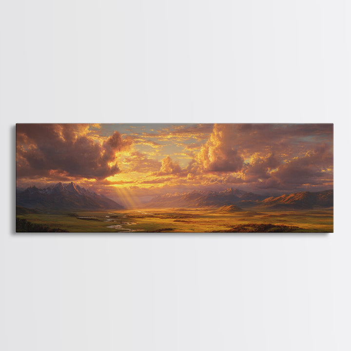 Golden Mountain Valley Sunset Wall Art, Panoramic Landscape Painting, Rustic Nature Decor For Living Room And Office Wall Decor