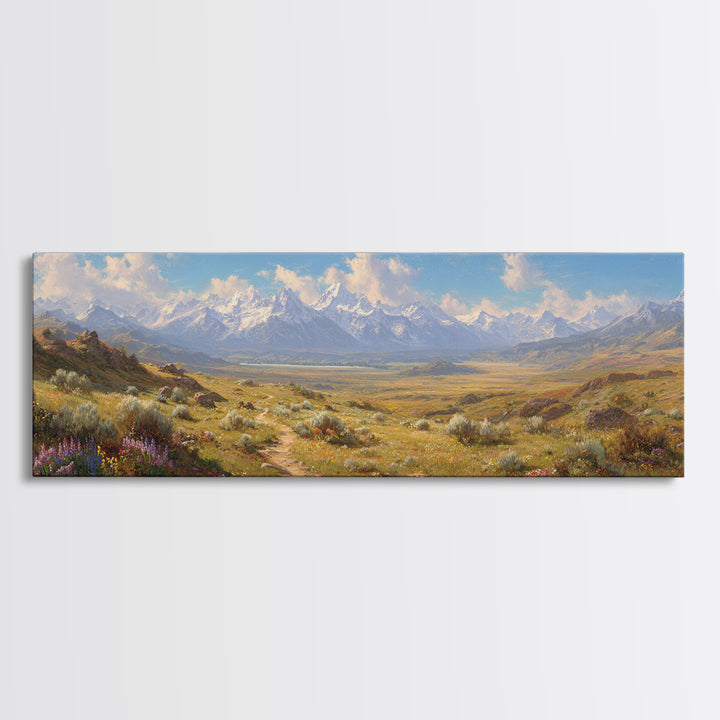 Wildflower Meadow Mountain Landscape Wall Art, Panoramic Canvas Print, Rustic Nature Decor, Large Living Room Wall Decor