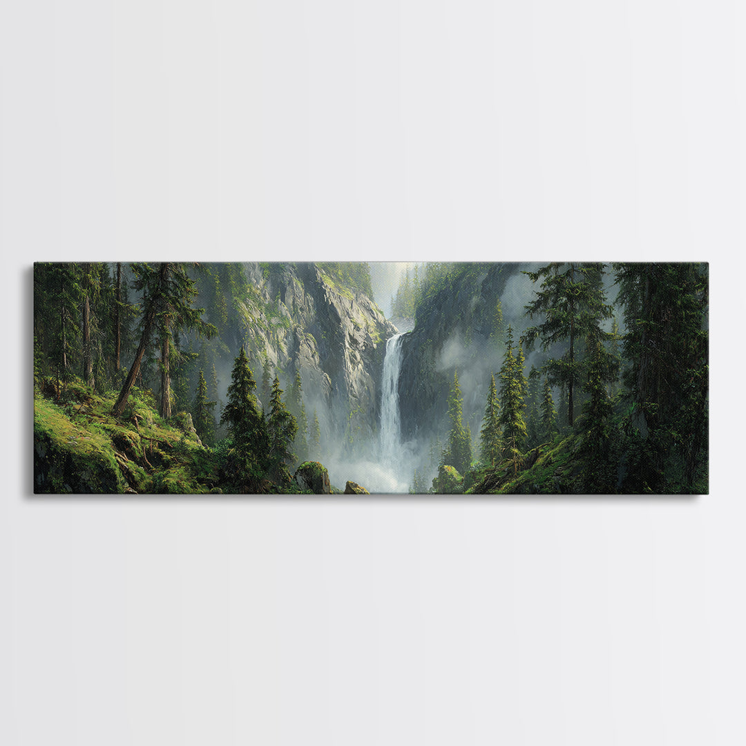 Misty Waterfall Forest Framed Canvas Print, Mountain Landscape Wall Art, Nature Wall Decor, Cabin Decor, Large Horizontal Art