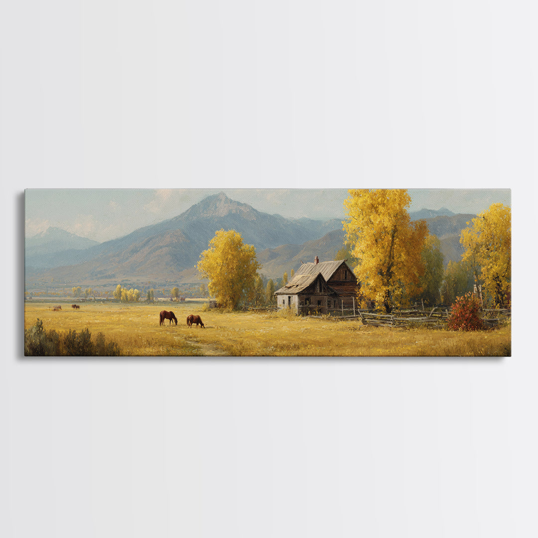 Autumn Mountain Cabin And Horses Wall Art, Rustic Farmhouse Landscape Painting, Country Home Decor, Large Canvas Print Gift