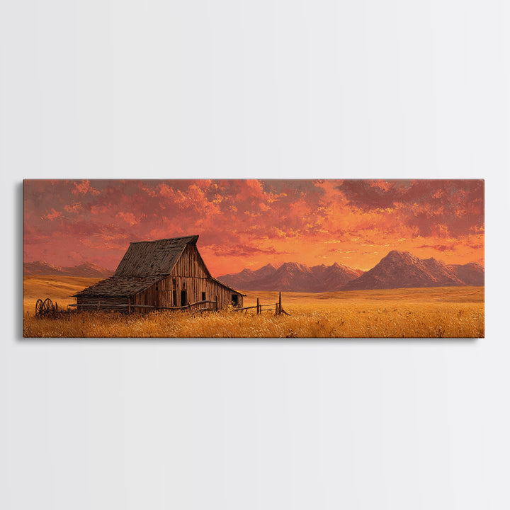 Rustic Barn At Sunset Framed Canvas Print, Western Landscape Living Room Wall Art, Farmhouse Decor, Country Home Housewarming Gift
