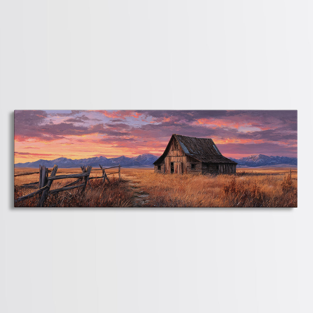 Rustic Barn Sunset Framed Canvas Print, Western Landscape Wall Art, Farmhouse Decor, Mountain Ranch Housewarming Gift For Him