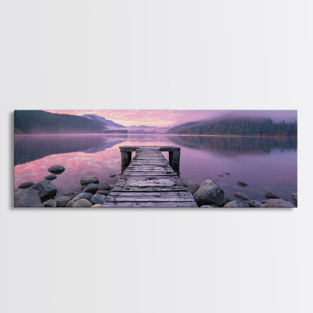 Misty Lake Dock At Pink Sunrise, Calming Wall Art, Lake House Canvas Print, Nature Landscape Decor, Above Bed Art, Bedroom Decor