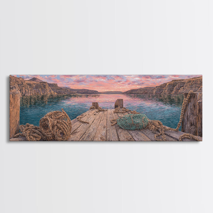 Rustic Lake Dock At Sunset Framed Canvas Print, Coastal Landscape Wall Art For Cabin Decor, Lake House, Living Room Decor