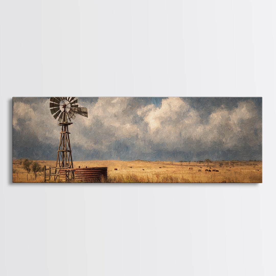 Stormy Prairie Windmill Wall Art, Rustic Western Canvas Print, Farmhouse Landscape Decor, Large Country Art For Living Room