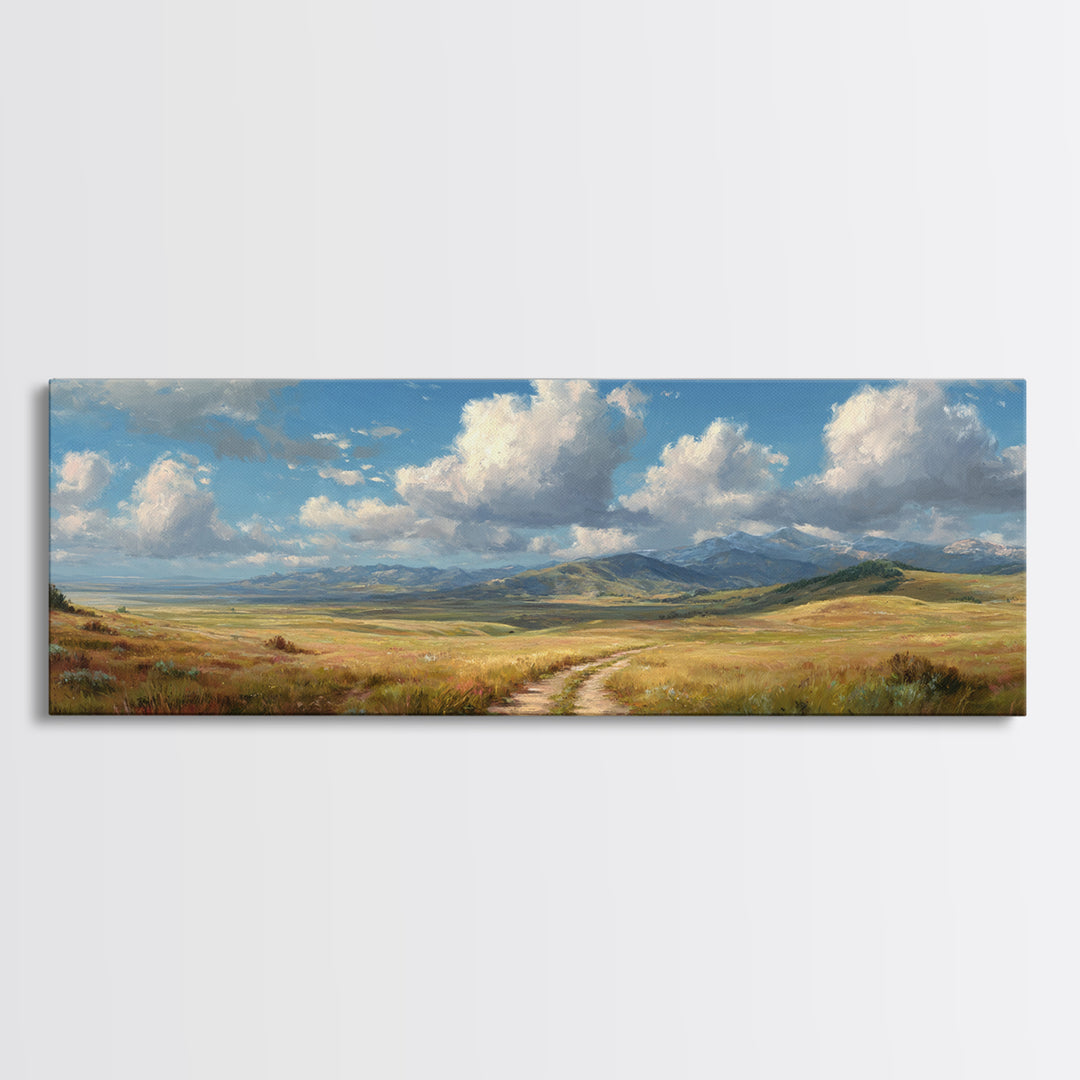 Open Prairie Path And Clouds Framed Canvas Print, Country Landscape Wall Art, Rustic Farmhouse Decor, Nature Oil Painting Print