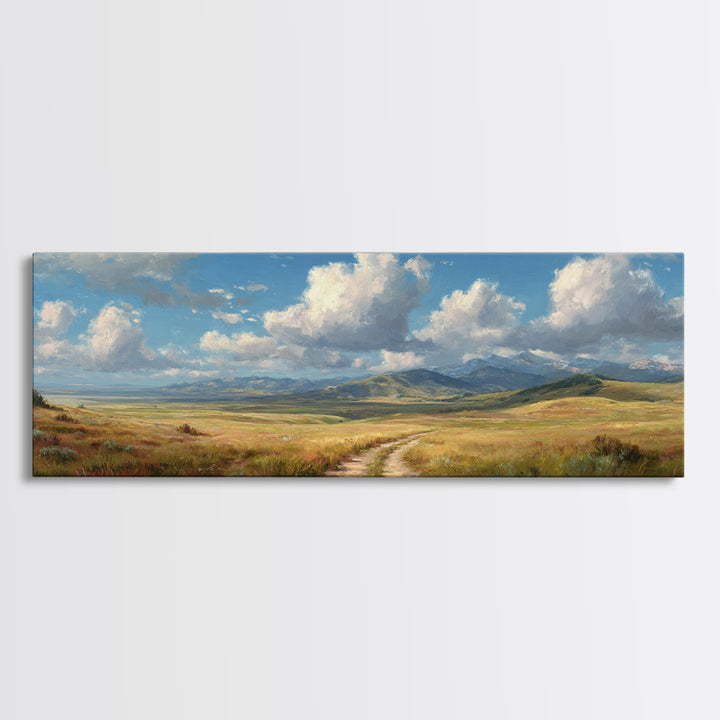 Open Prairie Path And Clouds Framed Canvas Print, Country Landscape Wall Art, Rustic Farmhouse Decor, Nature Oil Painting Print