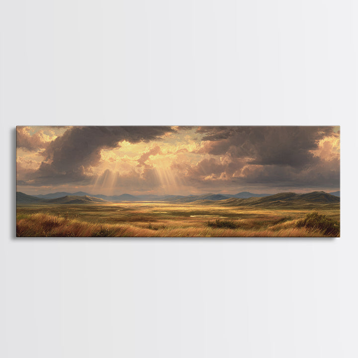Golden Sun Rays Over Prairie Wall Art, Dramatic Sky Landscape Canvas Print, Nature Wall Decor, Rustic Living Room Art Gift